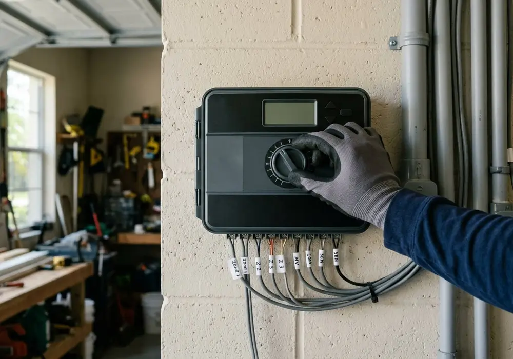 Wall-mounted irrigation controller with labeled zone wiring being adjusted
