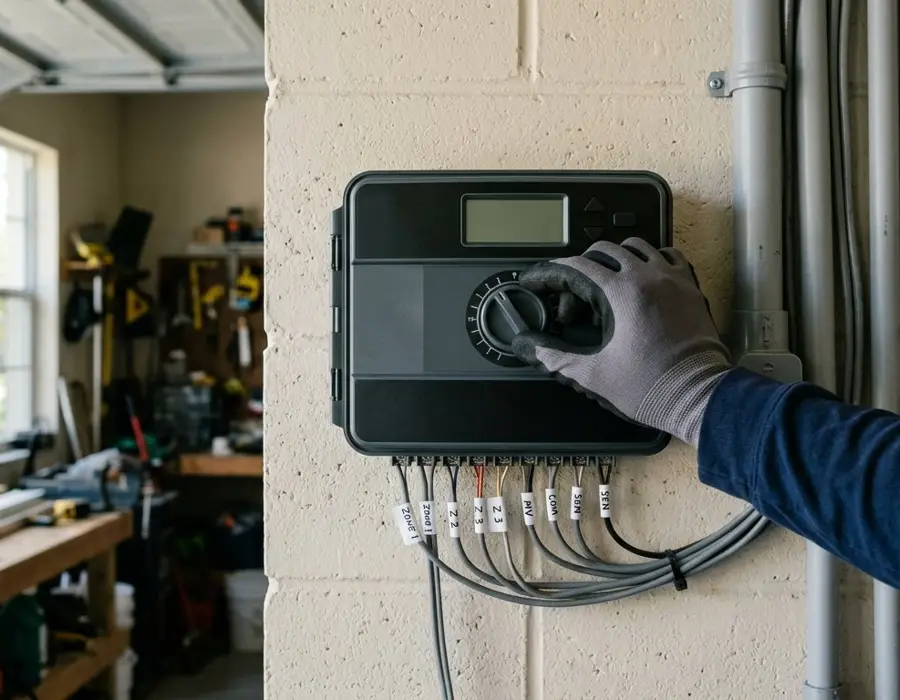 A technician adjusting a wall-mounted irrigation controller with labeled zone wiring