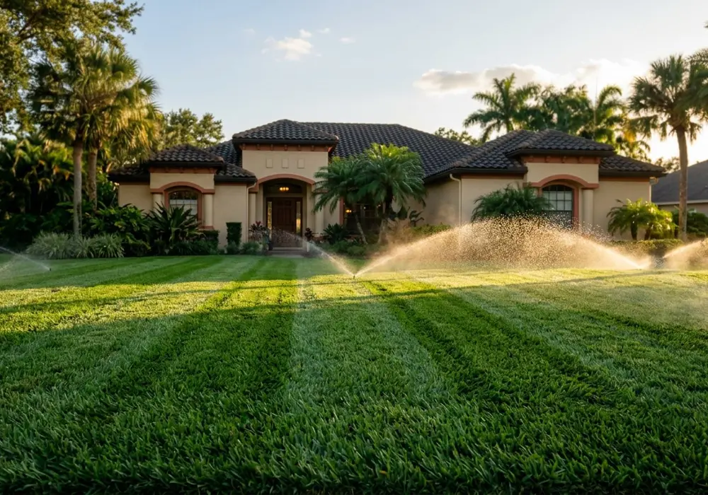 Sprinkler heads throwing even fans of water across a striped green lawn