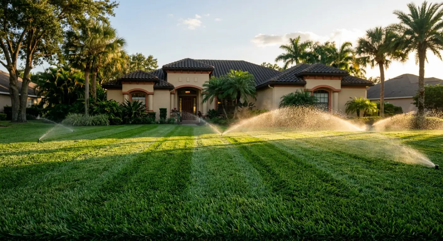 Sprinkler heads running across a striped green lawn in front of a Central Florida home at sunset