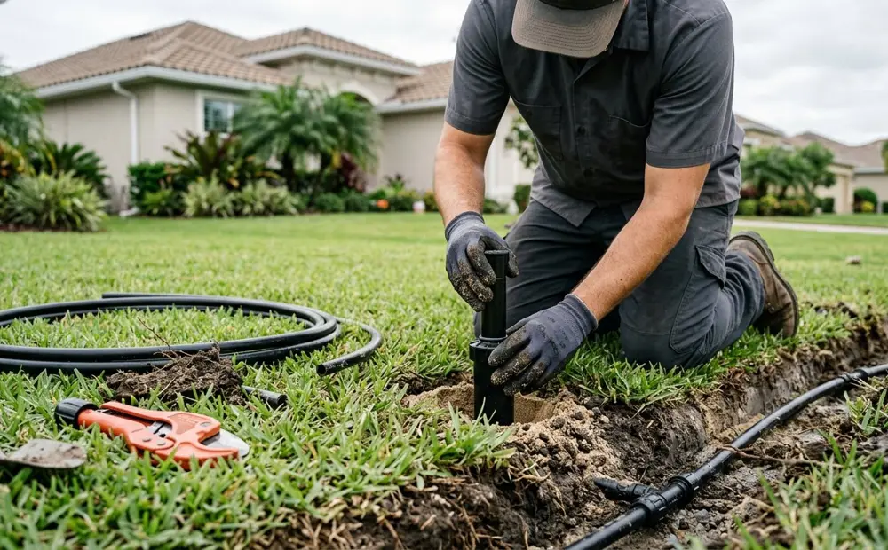 An irrigation technician setting a new sprinkler head into a lawn beside a trench of poly pipe