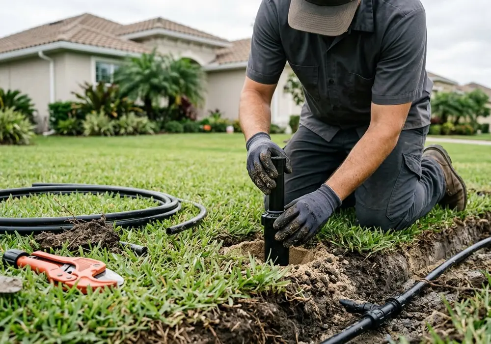 Technician setting a new sprinkler head into a lawn beside a trench of poly pipe
