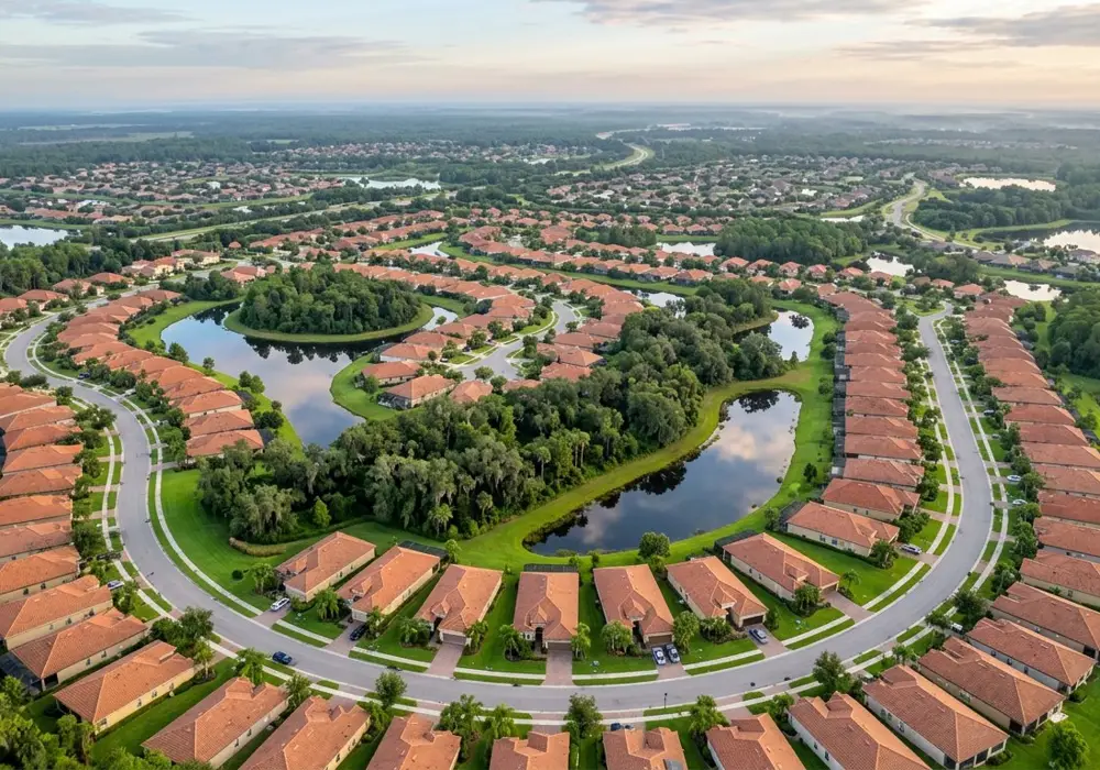 Aerial view of a Central Florida neighborhood with irrigated lawns