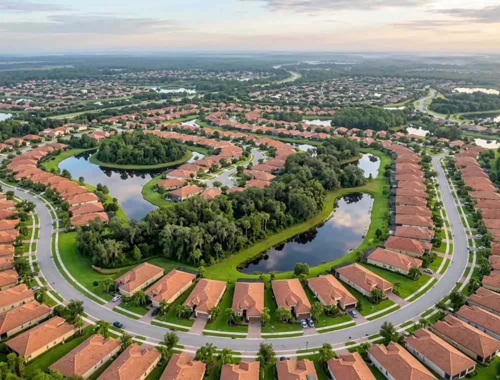 Aerial view of a Central Florida residential neighborhood with irrigated green lawns and retention ponds