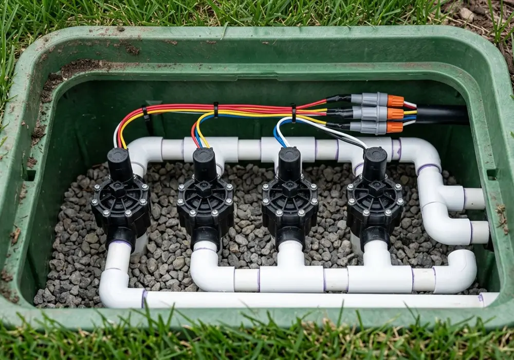 Open valve box showing a plumbed irrigation manifold with waterproof wire connectors